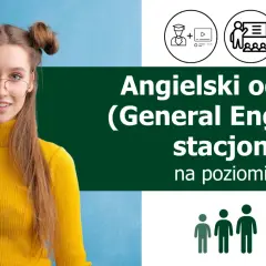Młoda kobieta w okularach i żółtym golfie, ikony nauki i grupy ludzi, flaga UK.