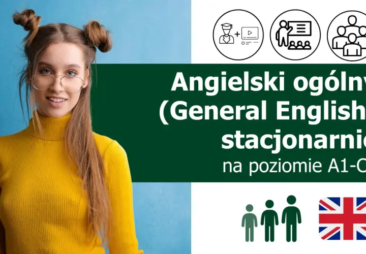 Młoda kobieta w okularach i żółtym golfie, ikony nauki i grupy ludzi, flaga UK.