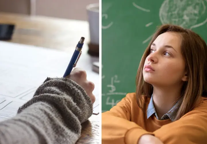 Dłoń pisząca długopisem na papierze i uczennica myśląca przed zieloną tablicą.