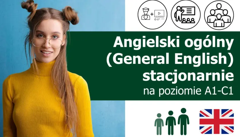 Młoda kobieta w okularach i żółtym golfie, ikony nauki i grupy ludzi, flaga UK.