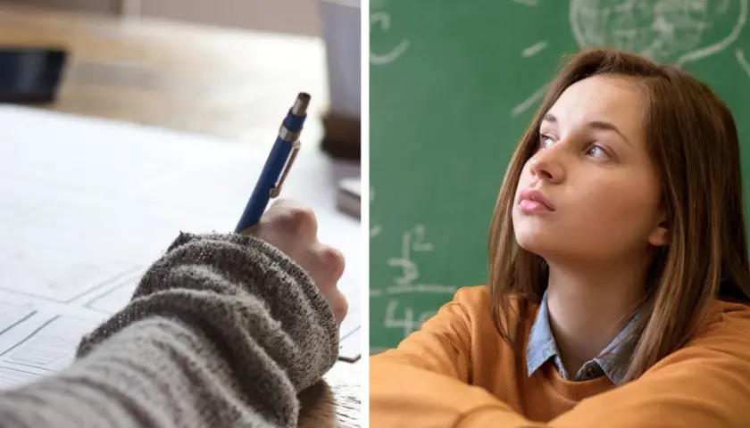 Dłoń pisząca długopisem na papierze i uczennica myśląca przed zieloną tablicą.