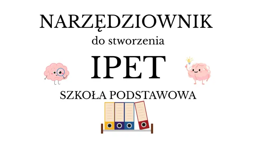 Grafika z mózgami, napisem "IPET" i segregatorami.