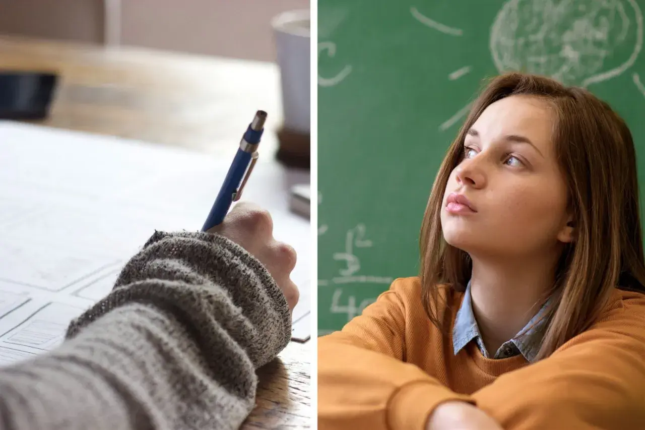 Dłoń pisząca długopisem na papierze i uczennica myśląca przed zieloną tablicą.