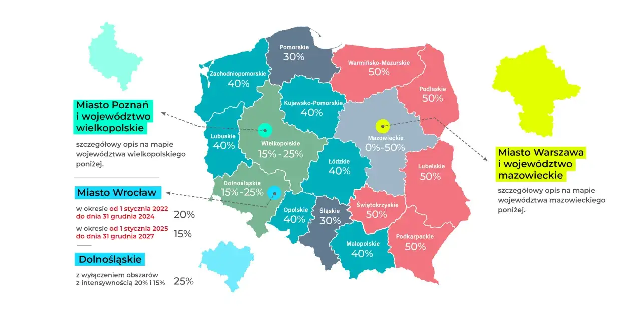 mapa województw Polski dofinansowania unijne