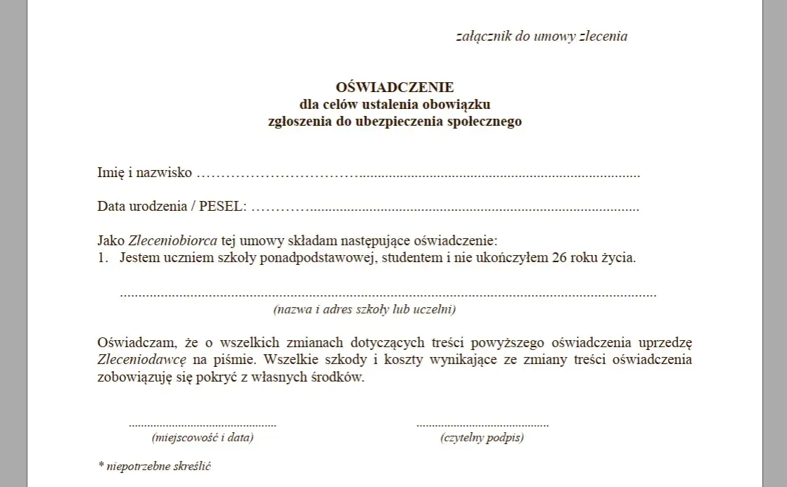 umowa zlecenie bez ZUS do 26 roku życia