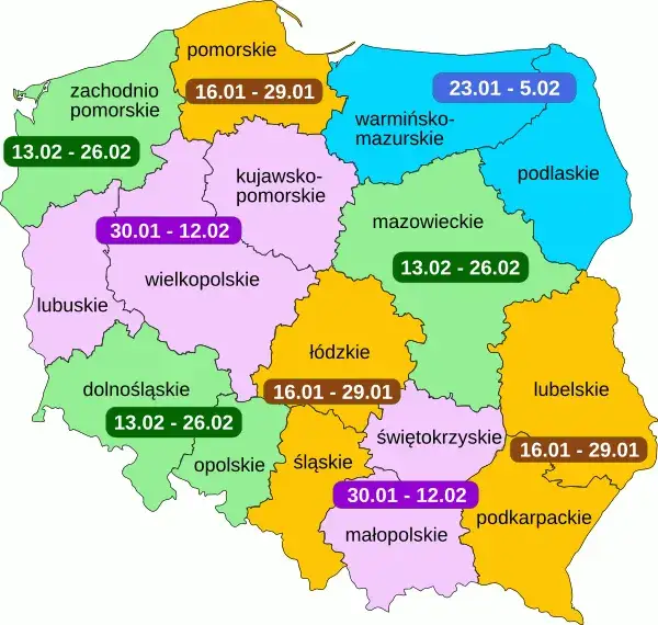 mapa Polski ferie zimowe terminy, podział na województwa ferie